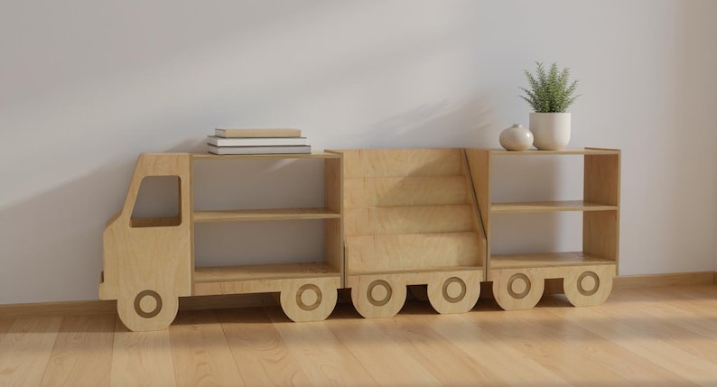Libreria a forma di camioncino in legno per bambini, organizer per giocattoli Montessori, libreria per cameretta, scaffale per la stanza dei giochi dei più piccoli, mobili in legno per bambini. immagine 13