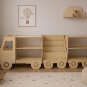 Libreria a forma di camioncino in legno per bambini, organizer per giocattoli Montessori, libreria per cameretta, scaffale per la stanza dei giochi dei più piccoli, mobili in legno per bambini. immagine 2