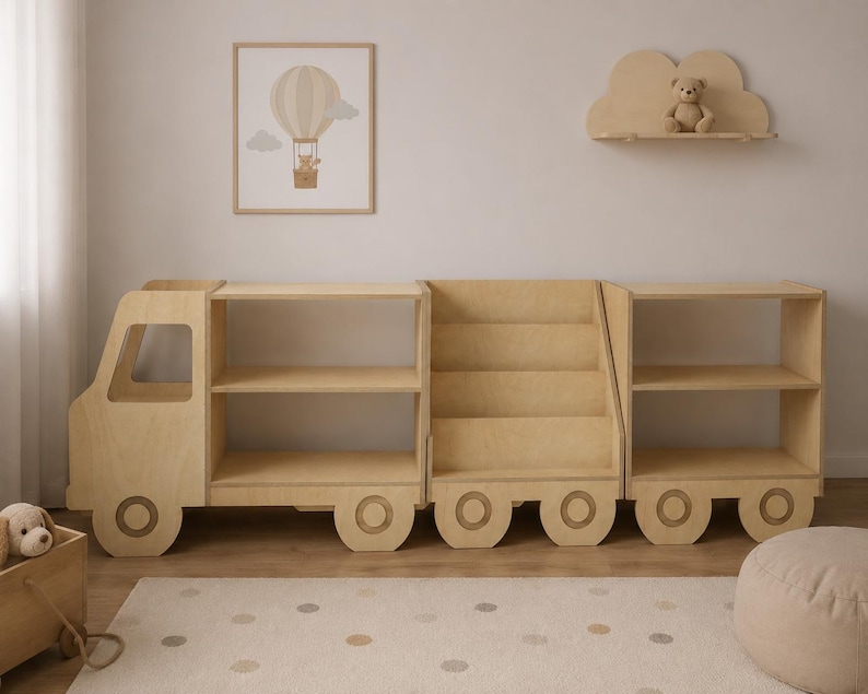 Libreria a forma di camioncino in legno per bambini, organizer per giocattoli Montessori, libreria per cameretta, scaffale per la stanza dei giochi dei più piccoli, mobili in legno per bambini. immagine 2
