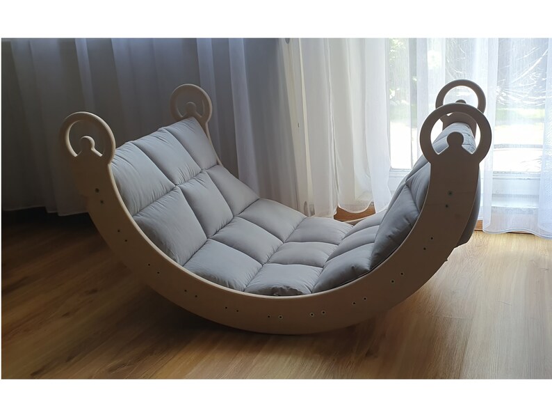 Wooden Rocker with Grey Optional Cushion Climbing Wall Slide and Tabletop Climbing Arch Montessori Climber Plywood Swing Rocking Chair Toy zdjęcie 9