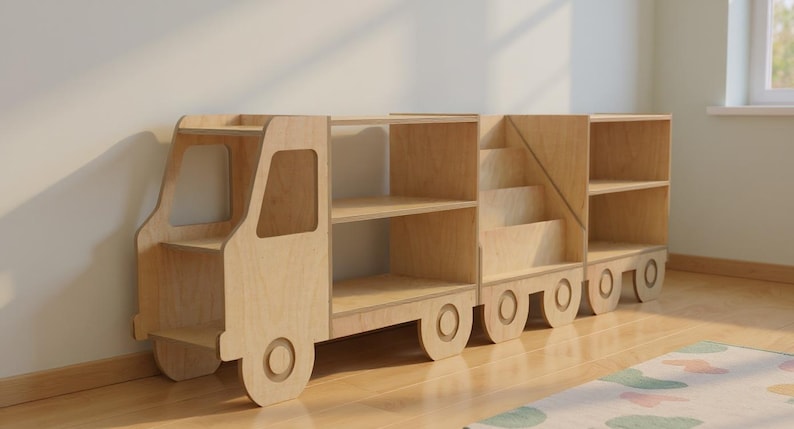 Libreria a forma di camioncino in legno per bambini, organizer per giocattoli Montessori, libreria per cameretta, scaffale per la stanza dei giochi dei più piccoli, mobili in legno per bambini. immagine 3