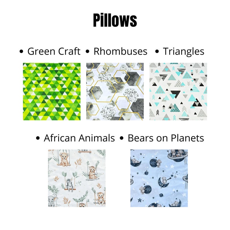Pode incluir: Almofadas com v&aacute;rios padr&otilde;es, incluindo tri&acirc;ngulos verdes, losangos dourados, tri&acirc;ngulos azuis, animais africanos e ursos em planetas.