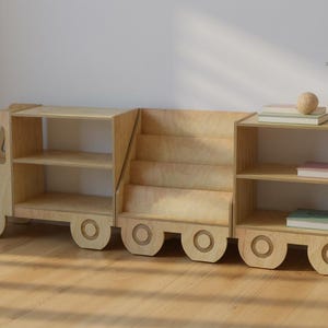 Libreria a forma di camioncino in legno per bambini, organizer per giocattoli Montessori, libreria per cameretta, scaffale per la stanza dei giochi dei più piccoli, mobili in legno per bambini. immagine 12