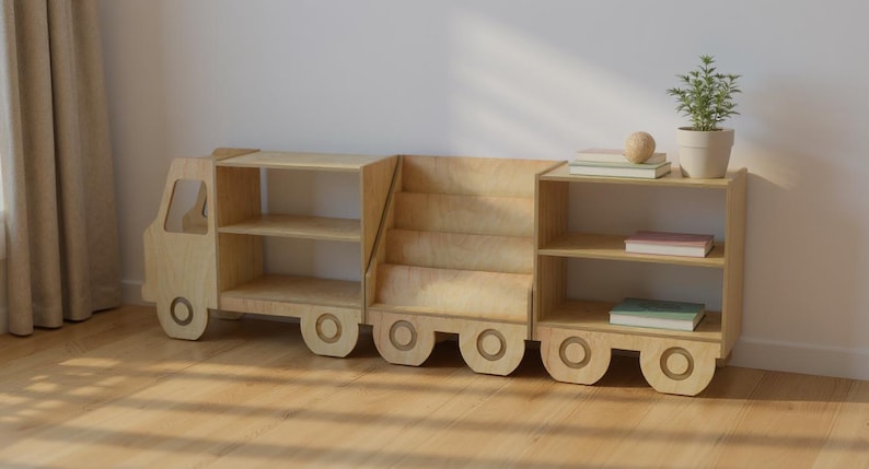 Libreria a forma di camioncino in legno per bambini, organizer per giocattoli Montessori, libreria per cameretta, scaffale per la stanza dei giochi dei più piccoli, mobili in legno per bambini. immagine 12
