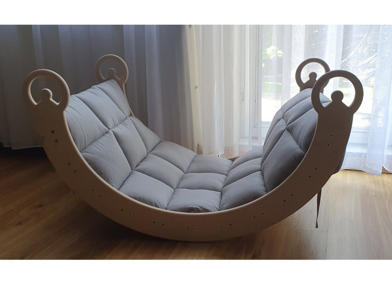 Wooden Rocker with Grey Optional Cushion Climbing Wall Slide and Tabletop Climbing Arch Montessori Climber Plywood Swing Rocking Chair Toy zdjęcie 10