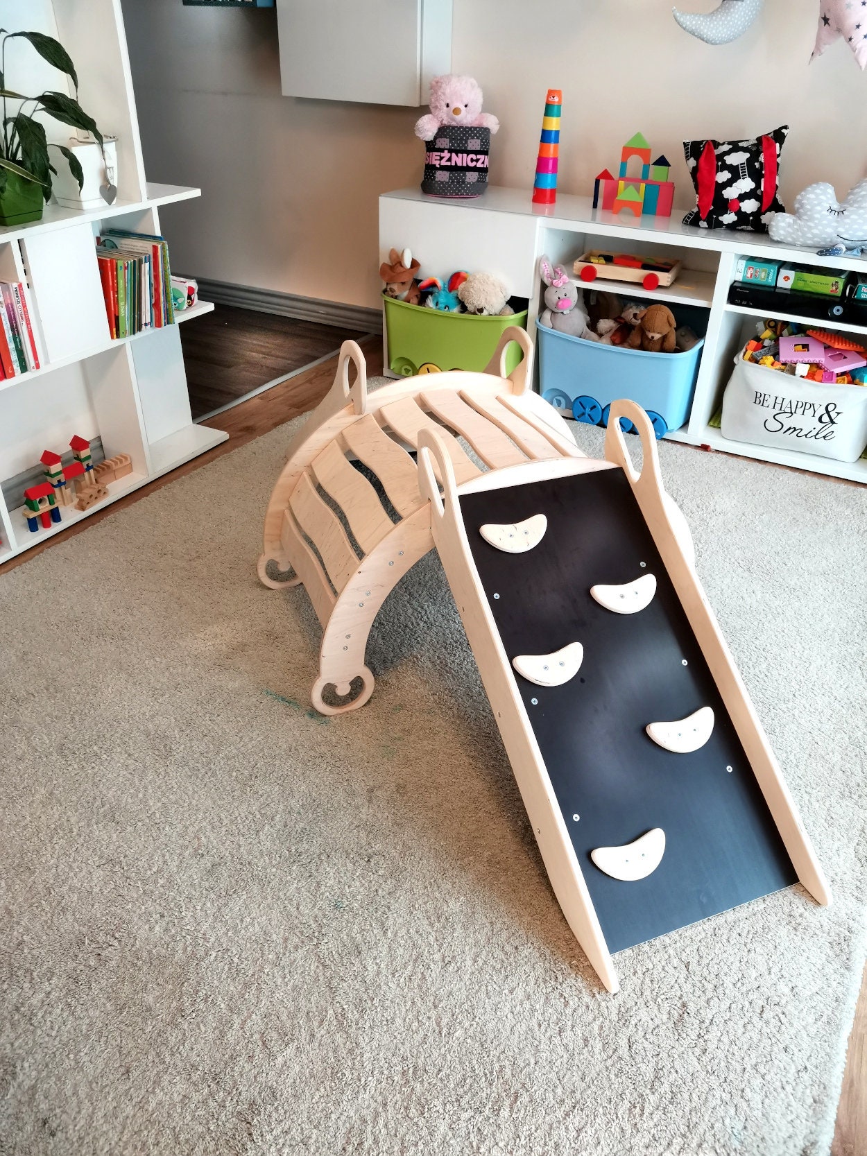 Wooden rocker with top slide and climbing wall 4 in 1 set Etsy