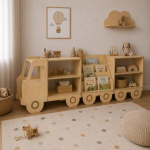 Libreria a forma di camioncino in legno per bambini, organizer per giocattoli Montessori, libreria per cameretta, scaffale per la stanza dei giochi dei più piccoli, mobili in legno per bambini. immagine 1