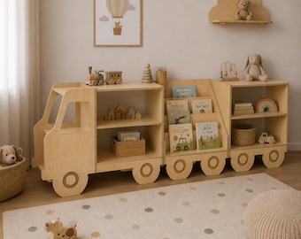 Wooden Truck Bookshelf for Kids, Montessori Toy Storage Organizer, Nursery Bookcase, Toddler Playroom Shelf, Wooden Kids Furniture