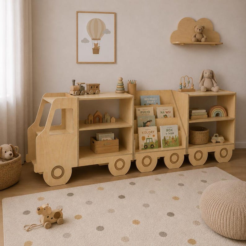 Libreria a forma di camioncino in legno per bambini, organizer per giocattoli Montessori, libreria per cameretta, scaffale per la stanza dei giochi dei più piccoli, mobili in legno per bambini. immagine 1