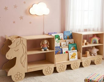 Montessori Unicorn Bookshelf for Kids Room - Large Wooden Modular Toy Storage and Book Display Shelf - Natural Plywood Furniture