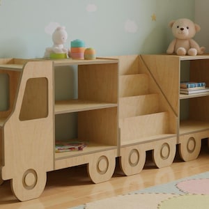 Libreria a forma di camioncino in legno per bambini, organizer per giocattoli Montessori, libreria per cameretta, scaffale per la stanza dei giochi dei più piccoli, mobili in legno per bambini. immagine 4