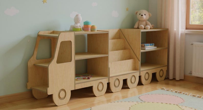 Libreria a forma di camioncino in legno per bambini, organizer per giocattoli Montessori, libreria per cameretta, scaffale per la stanza dei giochi dei più piccoli, mobili in legno per bambini. immagine 4
