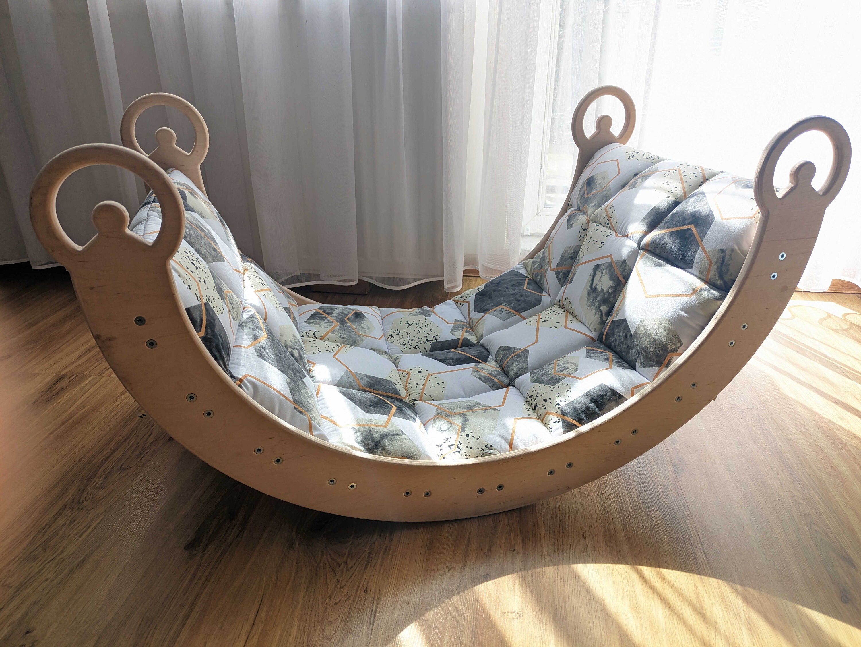 Wooden Rocker with Optional Rhombs Cushion Climbing Wall Slide and Tabletop Climbing Arch Montessori Climber Plywood Swing Rocking