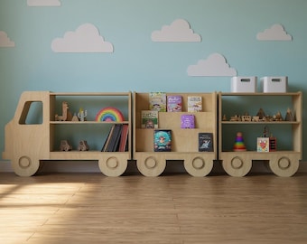 Montessori Truck Bookshelf for Kids – Wooden Toy and Book Organizer with 3 Modular Sections – Educational Nursery Shelf