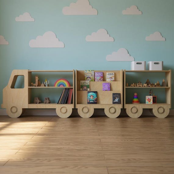 Montessori Truck Bookshelf for Kids – Wooden Toy and Book Organizer with 3 Modular Sections – Educational Nursery Shelf