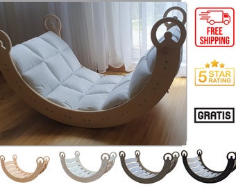 Bascule en bois de qualité supérieure pour enfants – Jouet Montessori avec coussin blanc, mur d'escalade, toboggan et table en option