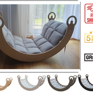 Wooden Rocker with Grey Optional Cushion Climbing Wall Slide and Tabletop Climbing Arch Montessori Climber Plywood Swing Rocking Chair Toy zdjęcie 1