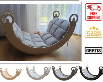 Wooden Rocker with Gray Optional Cushion Climbing Wall Slide and Tabletop Climbing Arch Montessori Climber Plywood Swing Rocking Chair Toy