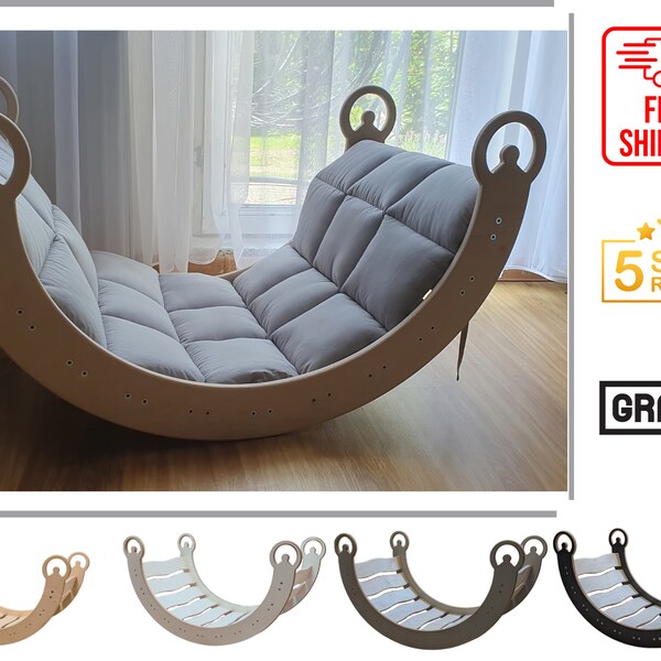 Wooden Rocker with Grey Optional Cushion Climbing Wall Slide and Tabletop Climbing Arch Montessori Climber Plywood Swing Rocking Chair Toy