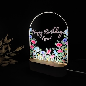 Może przedstawiać: Podświetlany akrylowy znak urodzinowy z kwiatowym wzorem. Znak ma łukowaty wierzch i drewnianą podstawę. Słowa "Happy Birthday, Lora!" są napisane różowym pismem. Kwiatowy wzór zawiera czerwone maki, niebieskie chabry i inne kolorowe kwiaty.