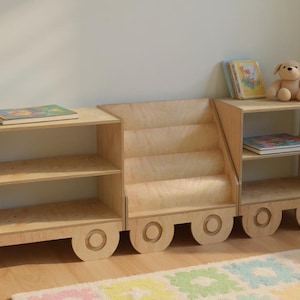 Libreria a forma di camioncino in legno per bambini, organizer per giocattoli Montessori, libreria per cameretta, scaffale per la stanza dei giochi dei più piccoli, mobili in legno per bambini. immagine 15