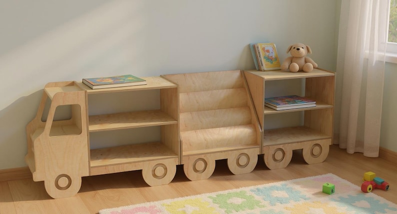 Libreria a forma di camioncino in legno per bambini, organizer per giocattoli Montessori, libreria per cameretta, scaffale per la stanza dei giochi dei più piccoli, mobili in legno per bambini. immagine 15