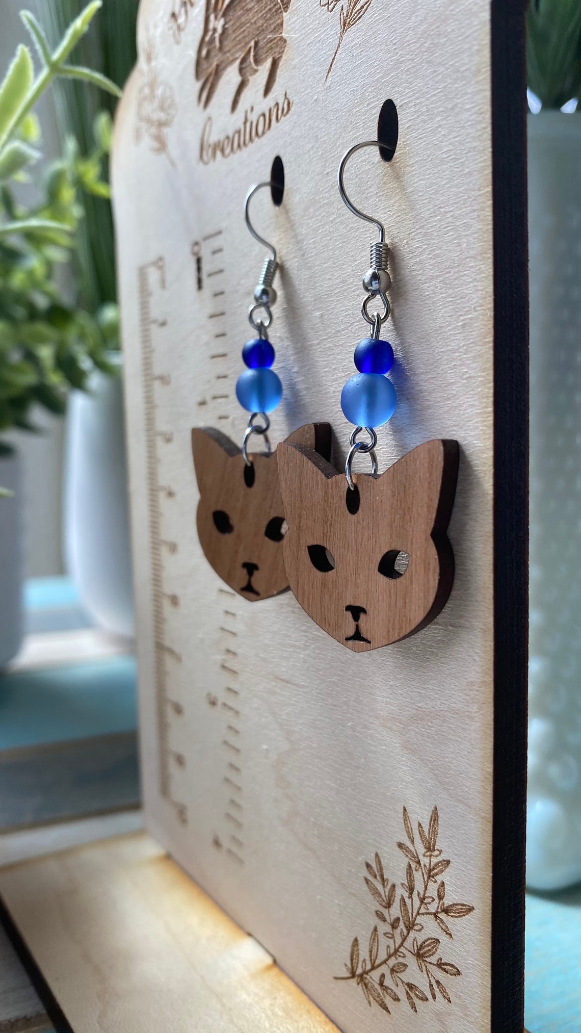 Wooden Cat Earrings / Lasercut / Beaded Jewelry / Quirky / Etsy