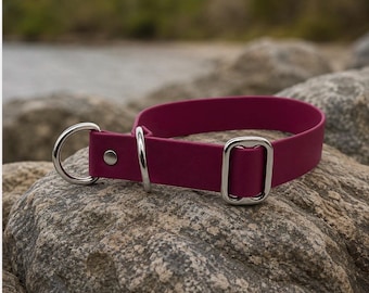 Op de afbeelding: Een effen magentakleurige hondenhalsband met een gladde, matte afwerking. De halsband is voorzien van een zilverkleurige metalen D-ring voor het bevestigen van de riem, een vaste lus en een rechthoekige metalen gesp voor verstelling, vastgezet met een klinknagel.