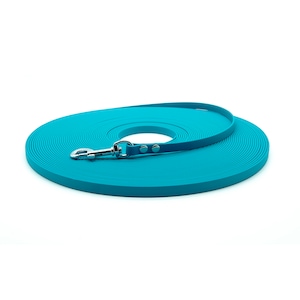 May include: A turquoise dog training lead, coiled in a circular shape, with a silver-coloured metal clasp. The lead is made of a flat, flexible material. Designed for pet training and control, the lead is a vibrant turquoise colour.