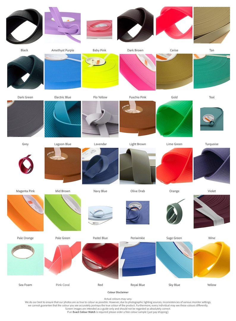 Puede incluir: Una colecci&oacute;n de treinta y seis rollos de material de fleje plano y flexible en una amplia variedad de colores s&oacute;lidos, incluyendo negro, varios tonos de azul, verde, rojo, amarillo, rosa, marr&oacute;n y tonos neutros, cada uno etiquetado con su nombre de color.