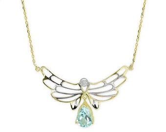 Women's necklace with angel wings pendant, 585 gold, with blue topas and 1 diamond