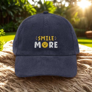 Retro Embroidered Corduroy Cap: Vintage &quot;Smile More&quot; Design