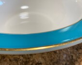 Vintage Pyrex Milk Glass Serving Bowl Turquoise Aqua Band with Gold Trim Made in USA 21. 1950 s