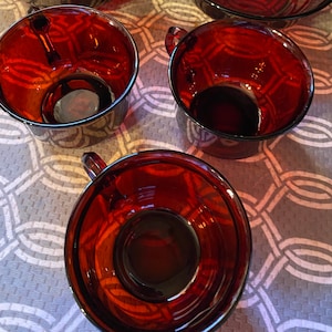 Arcoroc France Ruby Red Coffee Tea Cups w Handles Set of 3 Holiday Christmas