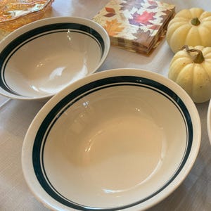 Stoneware Serving Bowls Set of 2 Green Stripe Off White Vintage Restaurant Ware