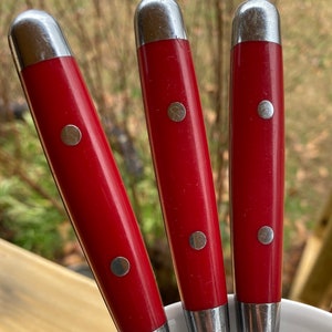 Red BakeliteType Handled Stainless Knives Set of 3 Vintage Red and Silver Handles