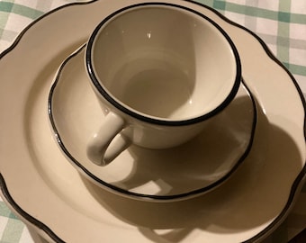 Ultima Scalloped Edge Salad Dessert Lunch Plate, Flat Coffee Tea Cup and Saucer. White with Black trim. Restaurant Ware. Embossed