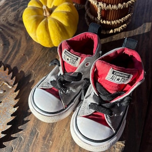 May include: A pair of gray and red Converse All Star high-top sneakers with black laces. The shoes have a white rubber sole and a red inner lining.
