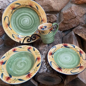 Pier One Elizabeth 4 Piece Placesetting Red Cobalt Blue Floral Green Center w Yellow Band Cobalt Blue Rim Handpainted