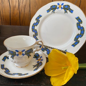 Elizabethan Nova Scotia Blue Tartan Fine China 3-piece Tea Set Cup Saucer and Salad Plate Vintage 1980s