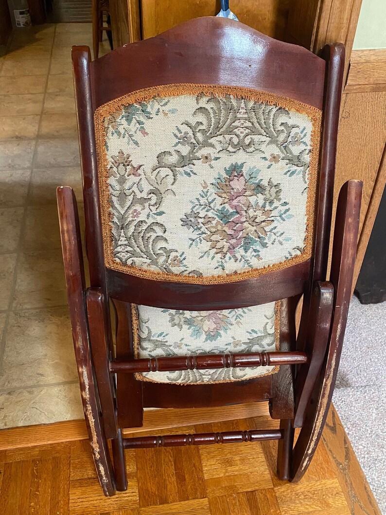 Small Folding Wooden Rocking Chair Crewel Cushions Floral Tapestry Child's Rocker Easy Storage