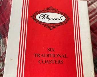 Posavasos tradicionales Pimpernel de corcho en caja original. Fabricados en Inglaterra. Juego de 6 piezas de colección vintage.