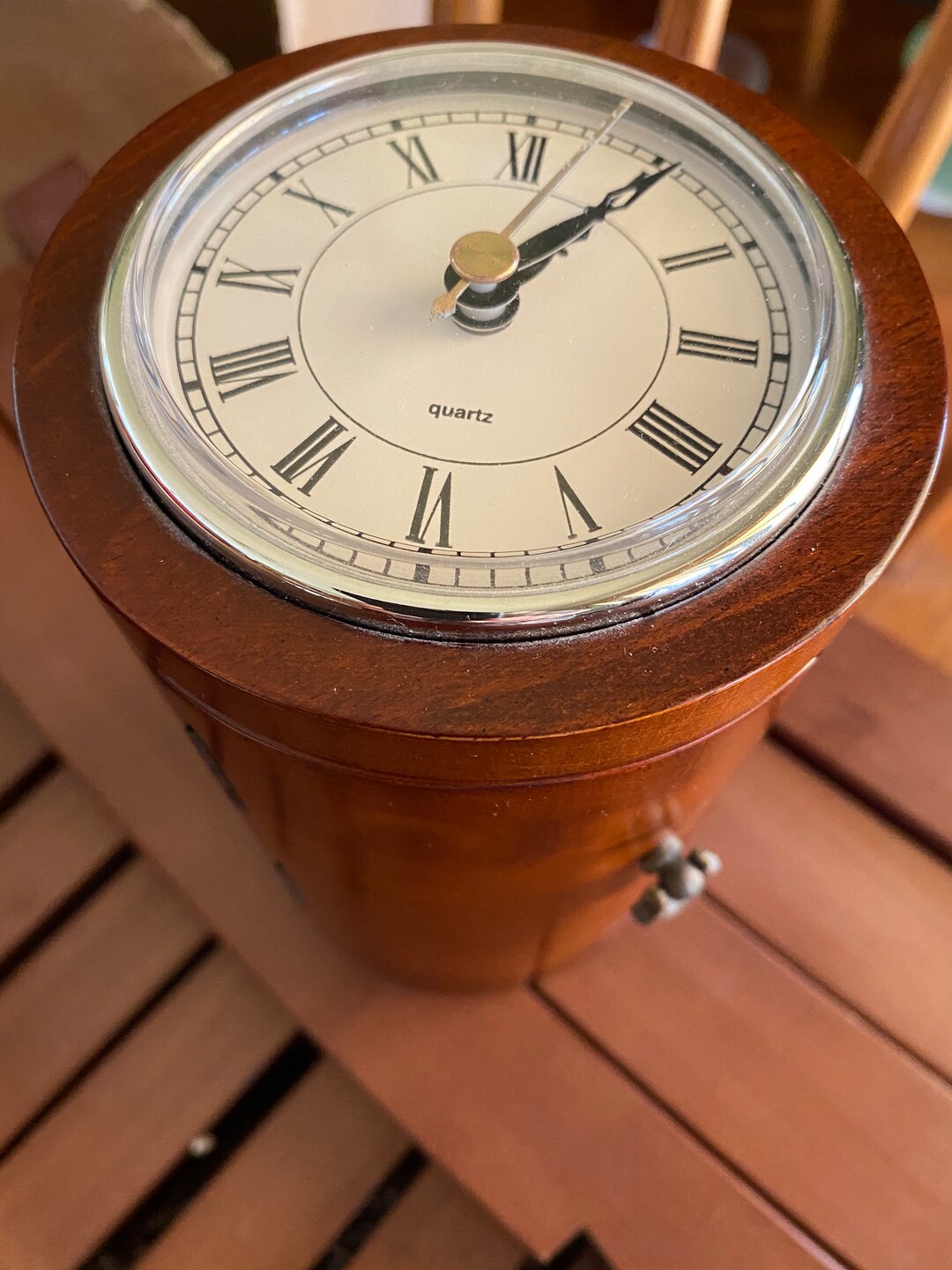 Cylinder Wooden Quartz Clock Jewelry Box W Drawers 6HKS Brass Hinges