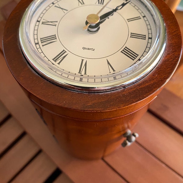 Cylinder Wooden Quartz Clock Jewelry Box w Drawers 6HKS Brass hinges and hardware.