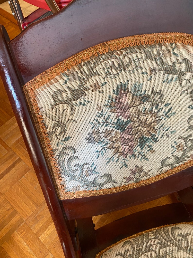 Small Folding Wooden Rocking Chair Crewel Cushions Floral Tapestry