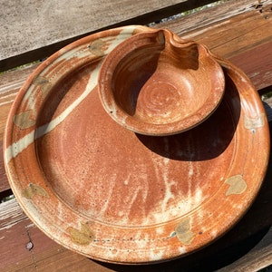 Pottery Serving Tray and Bowl Stamped E in a Circle Chip and Dip Floral Design