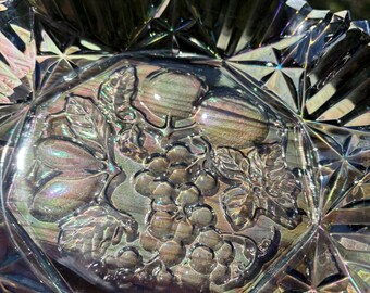 フェデラルブルー 虹色ガラス ブドウ 洋ナシ フラットボウル 溝付き