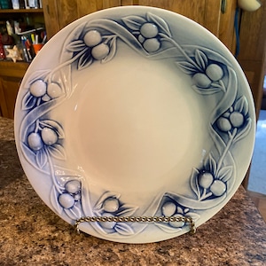 Blue Fruit Bowl Embossed Pasta Bowl Serving Bowl 10 inch Ceramic Cobalt Blue Detailing Berries