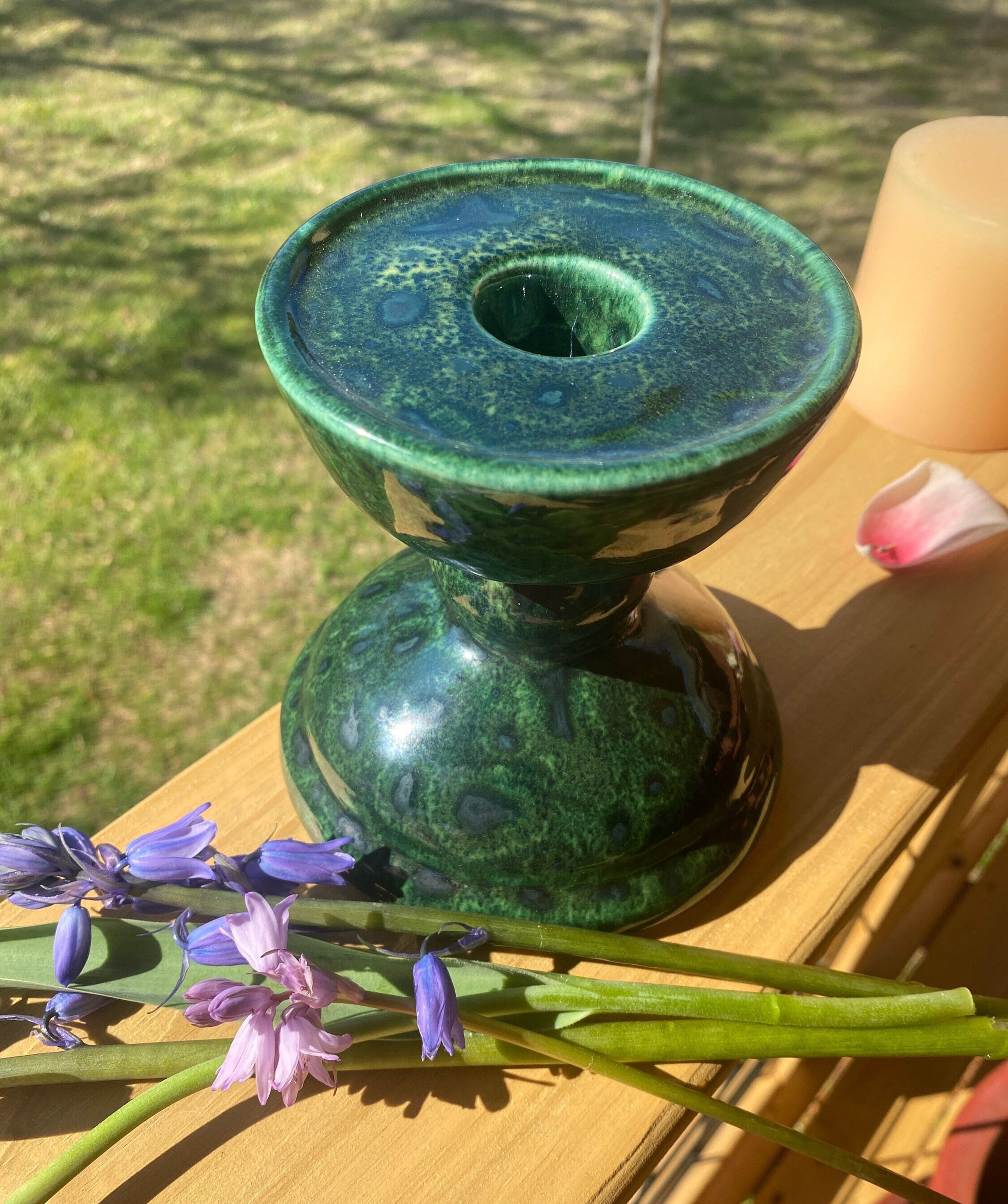 Hand Signed Gail Pittman Candle Holder Emerald Green Pottery