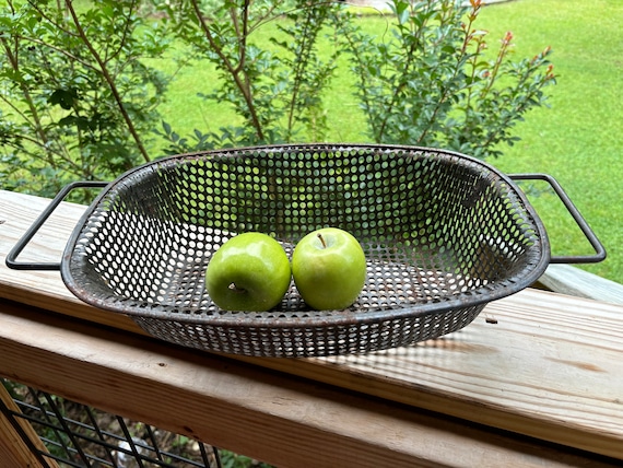 Heavy Metal Rectangular Colander Strainer Sieve W Handles Unusual Round Holes Vintage Black Rustic Etsy Canada